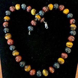 Vtg Multi Tiger's Eye Bead Necklace By Designer Signed FP 925 Ster clasp 20”